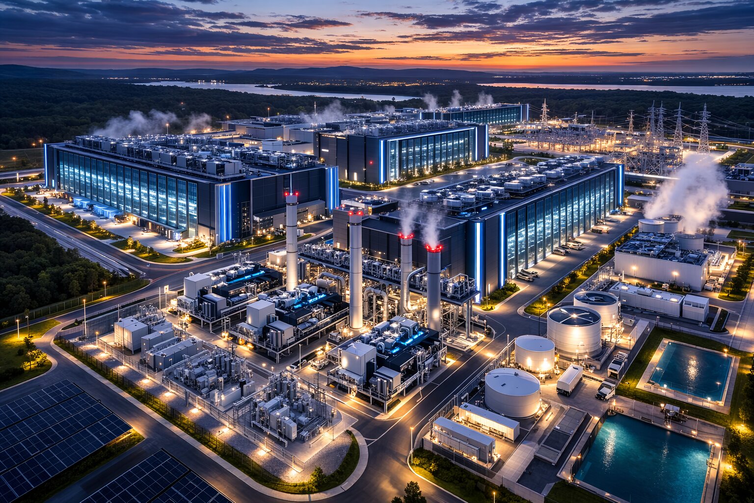 Aerial view of hyperscale data center campus with cooling towers and power infrastructure at dusk — representative of Canadian and US data center development sites served by PowerSite DCG