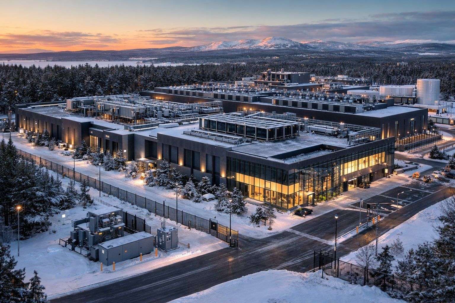 Aerial view of a data center campus in winter with snow-covered grounds in a Canadian northern climate