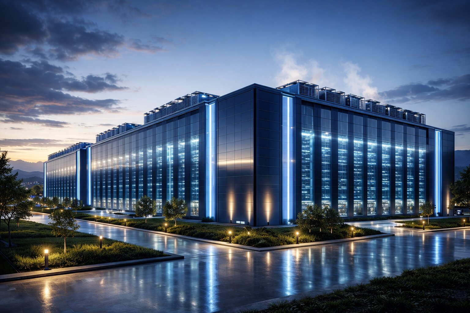 Data center facility at dusk